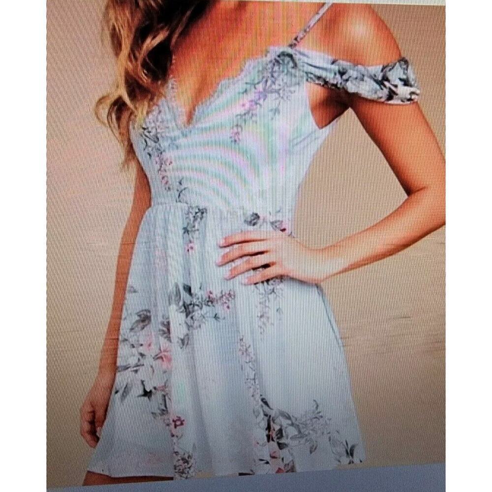 Lulus Verona Mini Dress Sz Small Light Blue Floral Print Off-the-Shoulder Lace